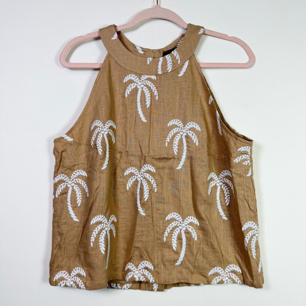 ANN‎ TAYLOR Tan Embroidered Palm Tree Linen Blend Halter Top LP